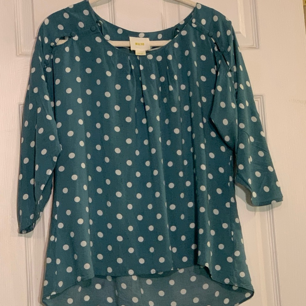 Maeve Anthropologie Braxton Small Polka Dot Flutter Sleeve Top Small Teal Women